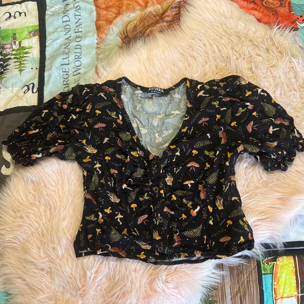 Disturbia Black Floral Puff-Sleeve Button Front Blouse
